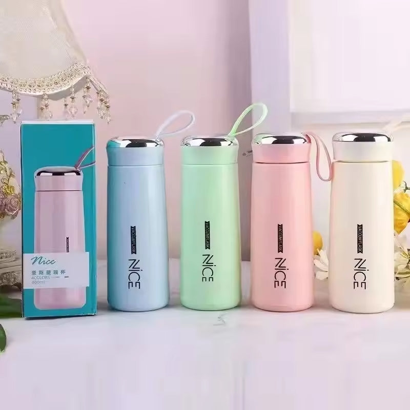 Pack of 2 Nice Bottle 400 ml Mini Flask Glass Water Bottle with Vacuum Insulation | Temperature Resistant | Random Colors